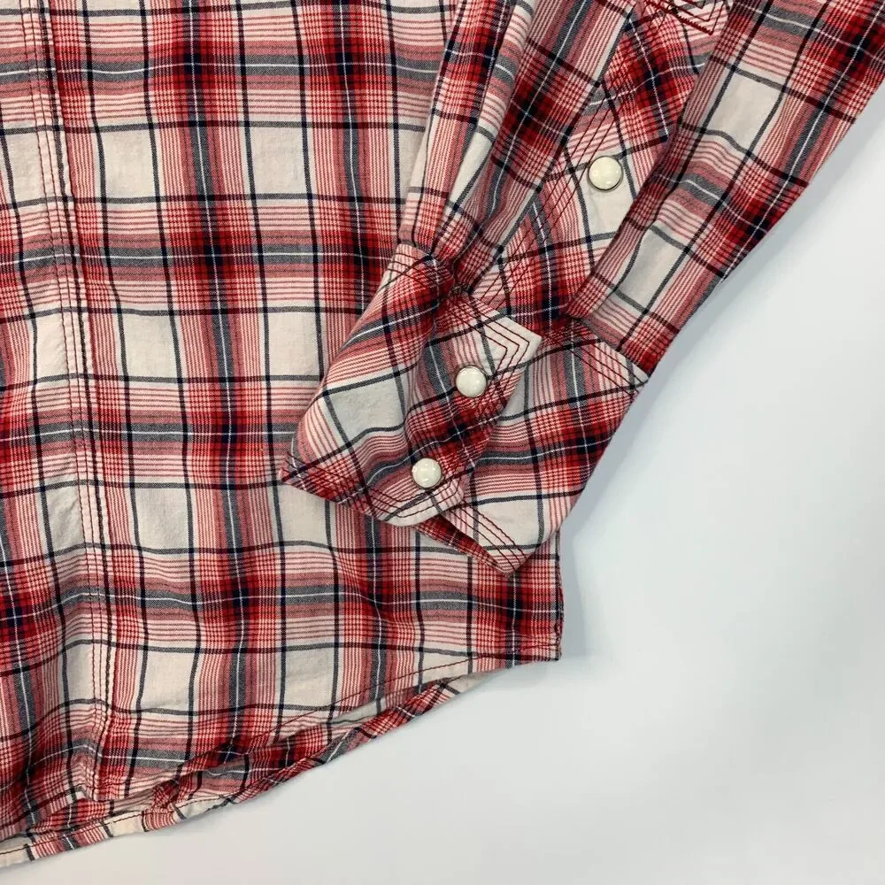 True Religion Western Shirt Mens 3XL XXXL Red Navy Plaid Pocket Snap Button Up